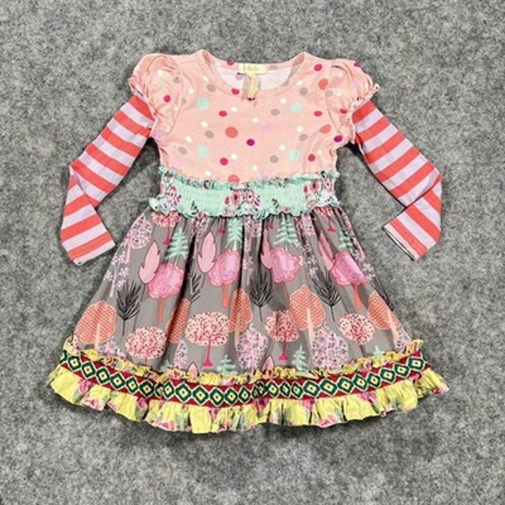 Matilda Jane Dress Girls 2T Pink Multi Maggie Floral Long Sleeve Smocked Ruffle